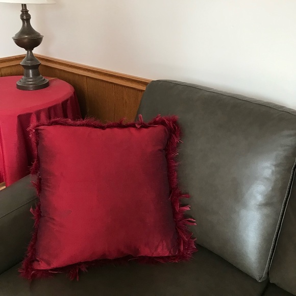 Two Red Silk Feather Trimmed Pillows filled with Feather - Picture 2 of 4